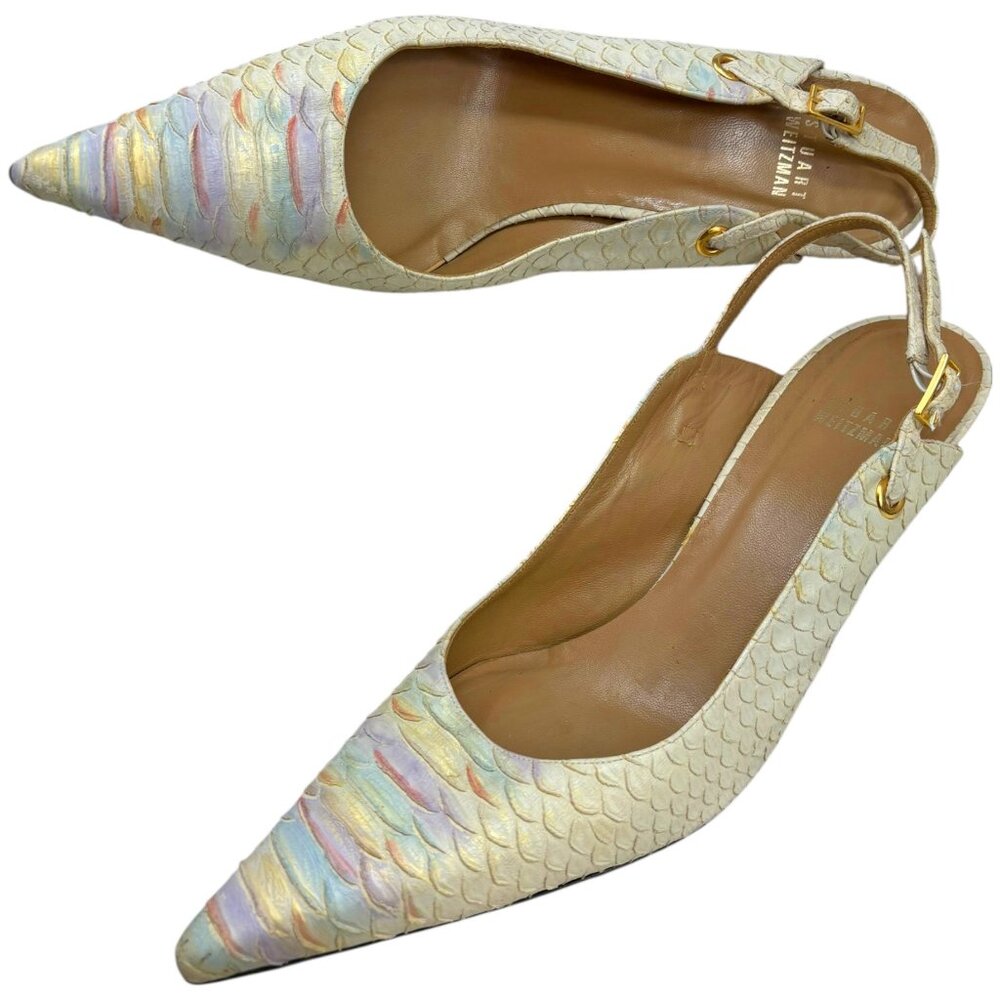 Stuart Weitzman Cream Iridescent Python‎ Embossed Slingback Heels